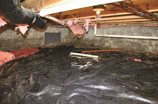 Crawl space with standing water and falling fiberglass ba
